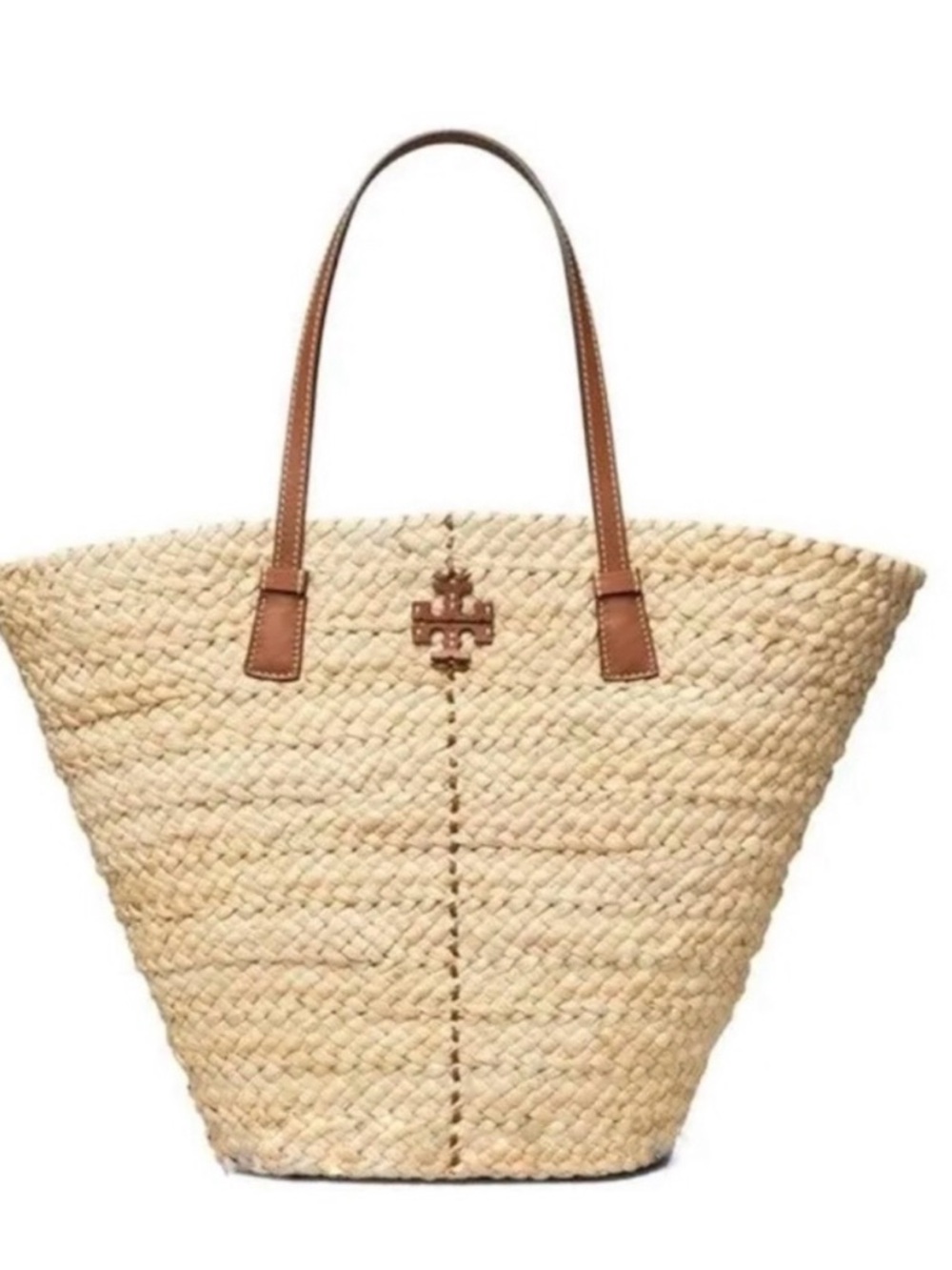 Tory Burch McGraw Straw Tote with Brown Leather Handles and Logo